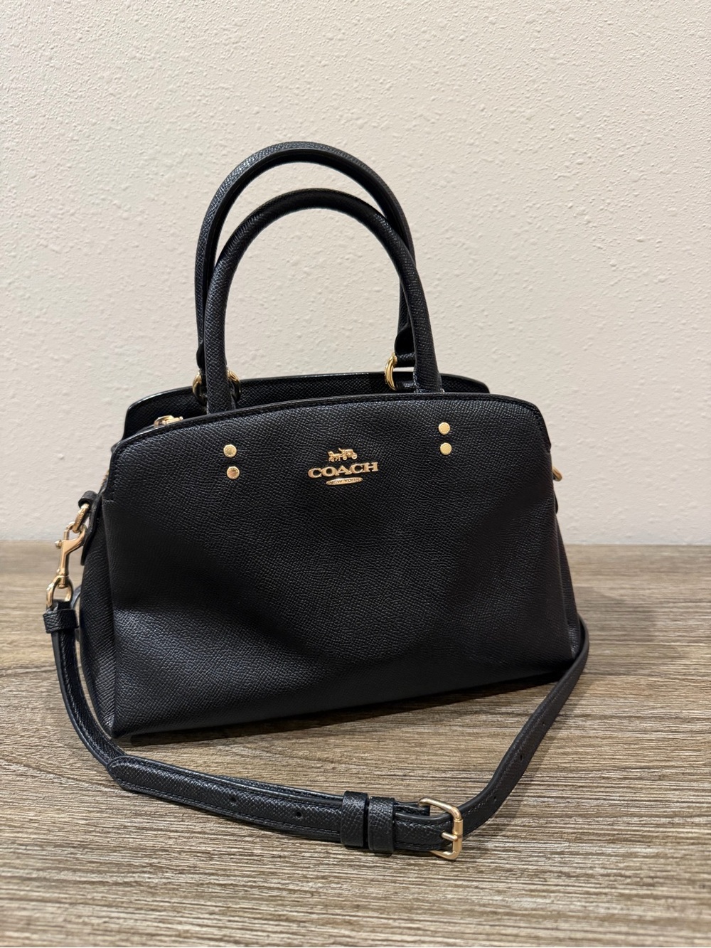 Coach Mini Lillie Carryall 91146 Black Crossgrain Leather Satchel Gold Hardware